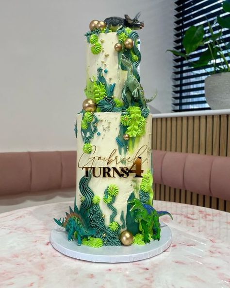 Dinosaur Cake For Adults, Two Tier Dinosaur Cake Birthday, Dinosaur Cake 4th Birthday, 2 Tier Dinosaur Cake, Buttercream Dinosaur Cake, Dino Cakes, Dinosaur Cakes, Dinosaur Birthday Decorations, Dinosaur Birthday Theme