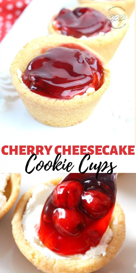 The Cherry Cheesecake Cookie Cups recipe is a simple semi-homemade recipe that can be whipped up in a hurry if needed and it makes for the perfect bite sized dessert.  #DineDreamDiscover #EasyEverydayRecipes #MuffinTinRecipe #RecipeOfTheDay #FoodBlogger #Cherry Sweeties Cookies, Semi Homemade Desserts, Boston Cream Pie Cookie Bites, Easy Boston Cream Pie, Cheesecake Cookie Cups, Sugar Cookie Desserts, Semi Homemade Recipes, Everyday Desserts, Cheesecake Cups Recipe