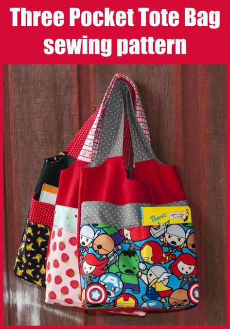 Three Pocket Tote Bag sewing pattern. This is a great-looking bag, which as the name suggests has three pockets. The examples shown have mainly been made for children but adults can use this bag as well. Easy kids tote bag to sew. Book bag to sew for kids. Small tote bag sewing pattern with pockets. Kids Bags To Sew, Library Bags For Kids, Easy Bag Patterns To Sew, Book Bag Pattern, Small Tote Bag Pattern, Toddler Tote Bag, Sewing Totes, Library Bags, Book Bags For Kids