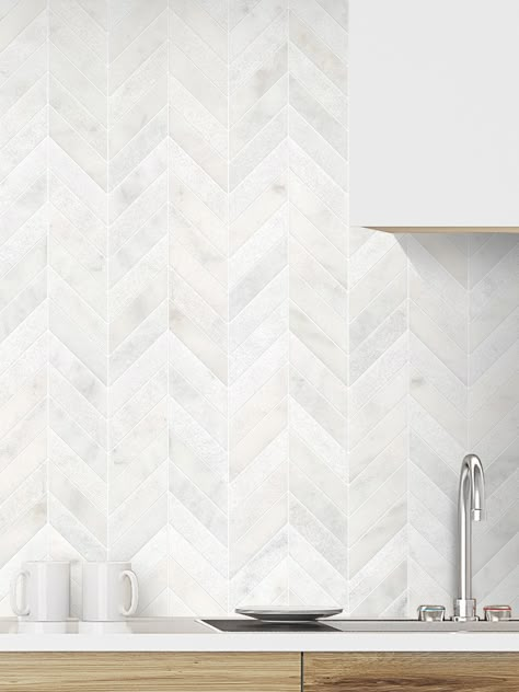 White modern marble chevron mosaic backsplash tile white cabinet BA631613 Kitchen Taupe, Mosaic Backsplash Bathroom, Chevron Backsplash, Taupe Kitchen, Kitchen Colours, Kitchen Colour, Kitchen Walls, Kitchen Backsplash Designs, Beige Kitchen