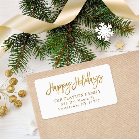 Faux Gold Foil Happy Holidays Return Address Label Foil Christmas Cards, Merry Christmas Typography, Christmas Return Address Labels, Christmas Paper Plates, Christmas Pregnancy Announcement, Label Christmas, Design Tools, Holiday Postcards, Address Label