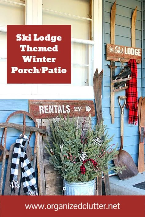 Ski Chalet Christmas Decor, Ski Repurpose, Ski Decorations Christmas, Ski Lodge Christmas Decor, Covered Patio Decor, Old Skis Ideas, Vintage Ski Lodge Decor, Banff Christmas, Rustic Ski Lodge