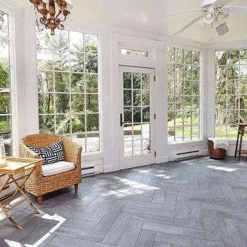 Craftsman Sunroom, Four Seasons Room Addition, Knotty Pine Ceiling, Pine Ceiling, Enclosed Front Porches, Slate Floor, Four Seasons Room, Cedar Shake, Floor Screen