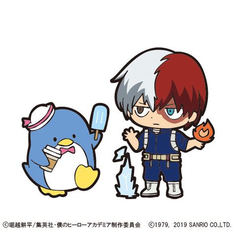 My Hero Academia Team Up with Sanrio’s Adorable Mascot Characters – J-List Blog **Shoto Todoroki + Tuxedo Sam Mha Hello Kitty, Mha X Sanrio, Sanrio Collaboration, Todoroki Icon, My Hero Academia Characters, Tuxedo Sam, Mha Icons, Star Wars Droids, Hello Kitty Drawing