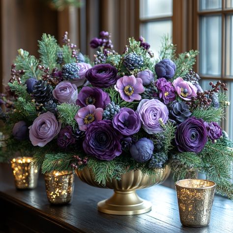 Purple Christmas Decor Ideas - Purple Christmas Decor, Purple Flower Arrangements, Winter Flower Arrangements, Advent Decorations, Lavender Decor, Waiting For Christmas, Christmas Color Palette, Christmas 2025, Purple Wreath