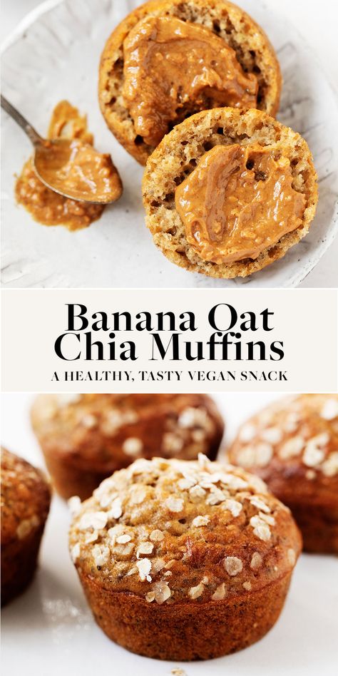 Banana oat chia muffins are the ultimate healthy vegan muffin! They're packed with fiber from whole grains and healthful fatty acids from chia seeds. They're also easy to make, freeze, and enjoy at home or on-the-go for a wholesome snack. #vegan #healthysnacks Chia Seed Muffins, Vegan Muffin, Chia Muffins, Vegan Banana Muffins, Flax Meal, Flour Substitute, Vegan Muffins, Banana Oat, Vegan Snack