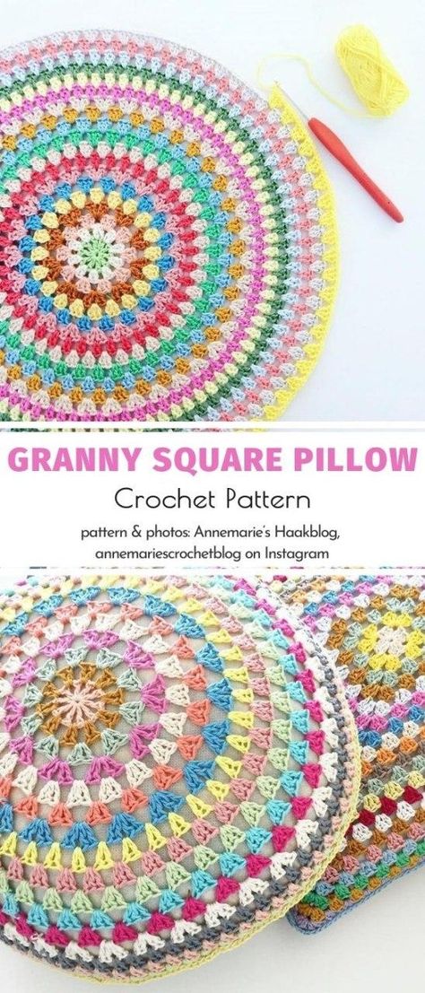 Granny makes the world go round and this project by Annemarie’s Haakblog certainly proves that! If you want to make the good old sofa pop, a set of colorful crochet pillow is just the thing for you. Can you believe that even beginners can easily learn how to make one?  #crochetpattern #grannystitch #pillow Round Crochet Pillow Patterns, Circular Pillow Crochet Pattern Free, Granny Square Crochet Pattern Pillow, Granny Square Pillow Pattern Free, Crochet Square Pillow, Granny Square Pillow Cover, Crochet Granny Square Pillow, Bedroom Crochet, Granny Circle