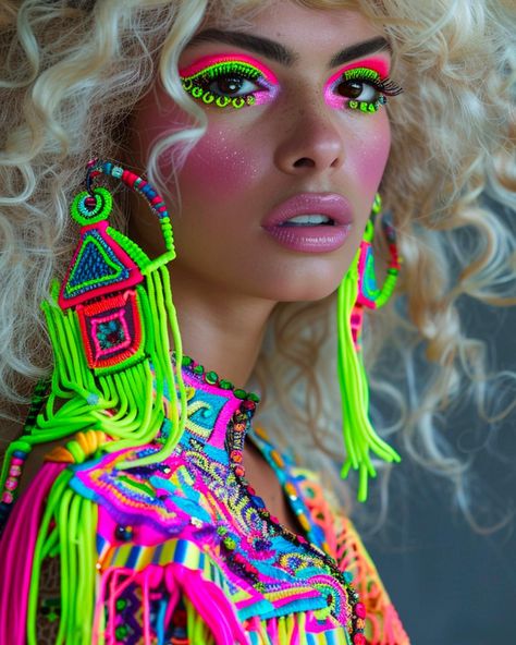 Neon makeup motto: Go big or glow home! 💄✨ Let’s light up the night with our bold beauty and fabulous fashion! -> These images are designed with help of AI #creative_by_sabina #aiart #aifashion #aiartcommunity #fashion #fashionweek #futureoffashion #fashiontech #runway #fashionmakeup #glittermakeup #glammakeup #makeupinspiration #makeuptutorial #fashioninspiration #aifashionweek #aifashionshow #fashionphoto #fashionaccesoires #fashionjewelry #texas #country #glitterjewelry #macramé #macram... Alien Space Costume, Neon Rave Makeup, Hot To Go, Neon Party Makeup, Neon Makeup Ideas, Neon Makeup Looks, Neon Costume, Uv Makeup, Neon Rave