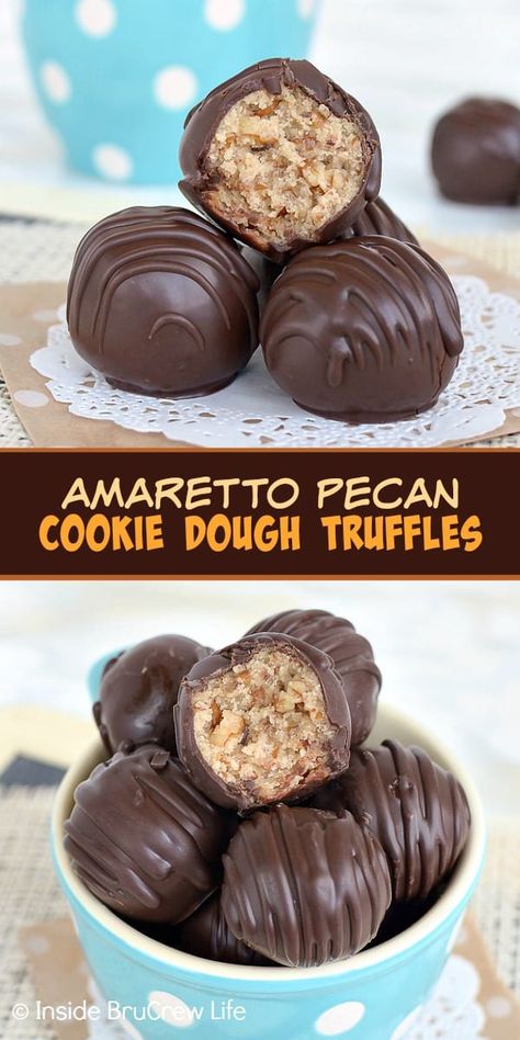 Amaretto Pecan Cookie Dough Truffles Alcoholic Candy, Pecan Truffles, Truffle Pops, Melt Chocolate For Dipping, Truffle Dessert, Edible Cookie Dough Bites, Alcohol Chocolate, Butterfinger Cookies, Pecan Cookie