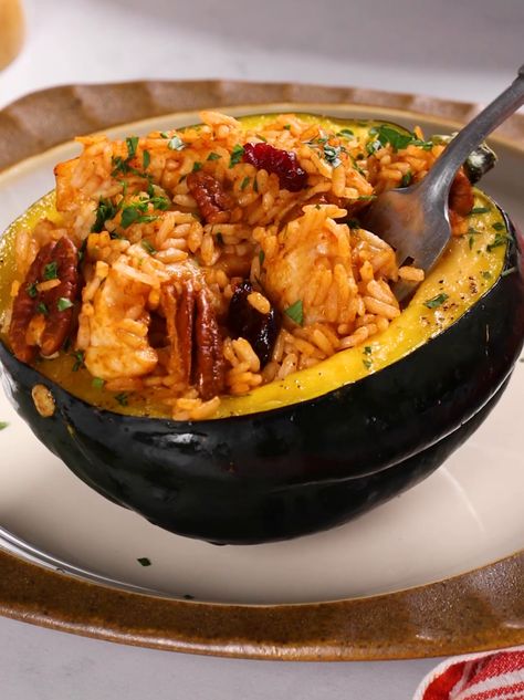 Chicken Chipotle and Cranberry Stuffed Acorn Squash Easy Home Meals, Chicken Chipotle, Stuffed Acorn Squash, Home Meals, Acorn Squash, Winter Squash, Holiday Tables, Cranberry, Chicken