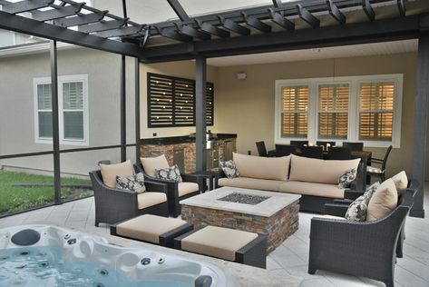 Screened area with sunken spa, fire pit and outdoor kitchen. - Tropical - Patio - Jacksonville - by Creative Design Space, Inc. | Houzz Spa Fire Pit, Hot Tub Pergola, Screened Patio, Outdoor Yard Ideas, Senior Citizen Discounts, Sunken Hot Tub, Tropical Patio, Backyard Covered Patios, Hot Tub Patio