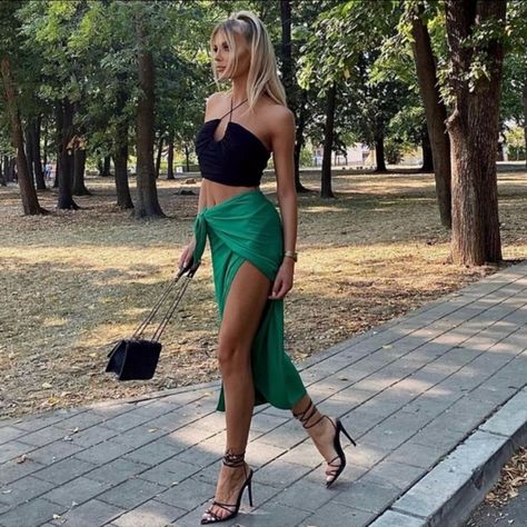 Green satin skirt outfit