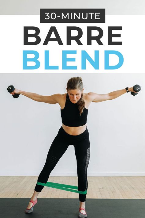 Strengthen, lengthen and tone at home with this FREE follow-along workout video: Barre Blend at Home! Barre Blend Workout, Barre Pilates Workout, 30 Minute Workout Video, Barre Cardio, Barre Blend, Ballet Barre Workout, Barre Workout Video, Power Yoga Workout, Cardio Barre