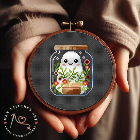 Cross Stitch Black Aida, Cross Stitch Studio Ghibli, Hobbit Cross Stitch, Jar Cross Stitch, Tea Cross Stitch, Ghost In A Jar, Ghost Cross Stitch, Flower Ghost, Beginner Cross Stitch