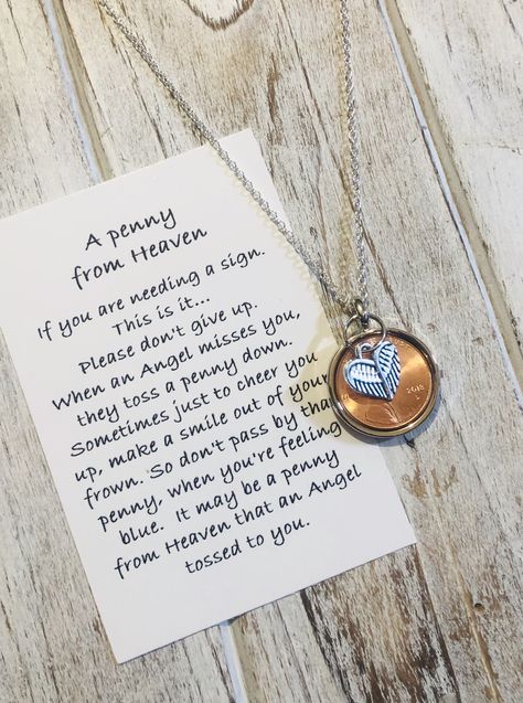 This sweet pennies from Heaven necklace is a perfect reminder that our loved ones send us signs from Heaven.... keep your pennies and journal about how you felt the day you found them. I also can personalize the poem card with any name or names instead of it saying Angel.... find me on Etsy @ https://etsy.me/2SbkchB Penny From Heaven, Penny Crafts, Horn Necklace Boho, Seed Cards, Memory Jewelry, Penny Jewelry, Heaven Poems, Penny Necklace, Pennies From Heaven