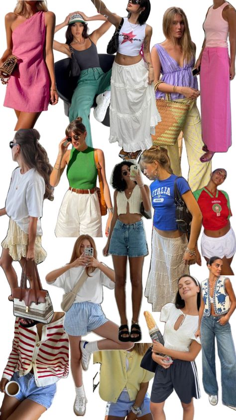 Summer colorful outfit ideas Cool Summer Outfits Palette, Eclectic Summer Outfits, Summer Outfit Collage, Casual Festival Outfit, Lake Outfit Summer, Colorful Outfit Ideas, Colorful Summer Outfits, Japan Outfits, Outfits Colorful