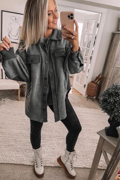 Legging And Shacket Outfit, Shacket Outfit Women Leggings, Dark Grey Shacket Outfit, Hoodie And Shacket Outfit, Gray Shacket Outfit Women, Shacket And Leggings Outfit Women, Gray Shacket Outfit, Black And White Shacket Outfit, Blue Shacket Outfit