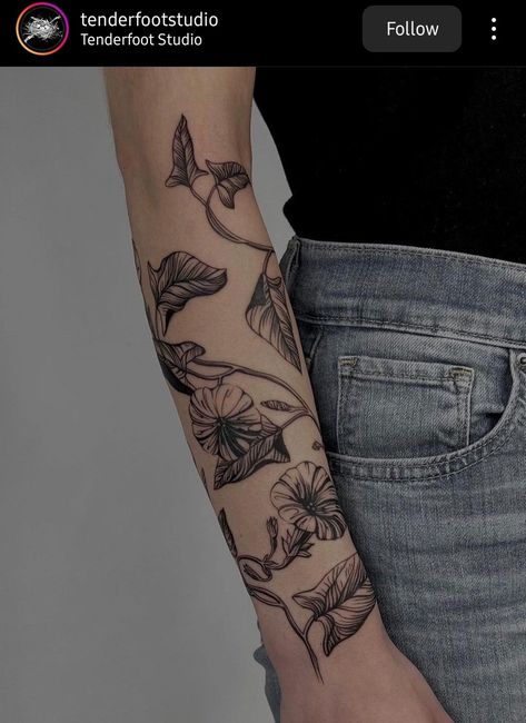 Woodcut Botanical Tattoo, Botanic Sleeve Tattoo, Large Floral Leg Tattoo, Botanical Fillers, Floral Patchwork Sleeve Tattoo, Vintage Botanical Tattoo, Moonflower Tattoo, Wrap Around Arm Tattoo, Botanical Illustration Tattoo