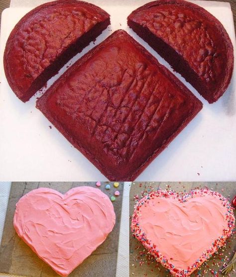 Here's how to make a heart shaped "Cake" in your "Pan" :) Use a Square and a Circle Pan - Cut the circle in half and make your heart ;)    This might also come in handy on that other Febrary holiday everyone loves....Happy Presidents Day!! ;)    P.S. Use the same size pan for both - ex. if you use an 8 in square pan, then use an 8 in Circle pan :) Cake Pops Brownie, Dessert Thermomix, Shaped Cakes, Heart Shaped Cake, Hari Valentine, Shaped Cake, Heart Shaped Cakes, Valentines Day Cakes, God Mat