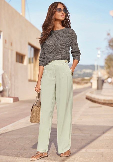 Effortless power dressing starts with these wide-leg pants. Light Green Outfit Ideas, Sage Pants Outfit, Light Green Pants Outfit, Sage Green Outfit Ideas, Light Green Pants, Green Pants Outfit, Mint Sweater, Animal Print Swimwear, Strong Style