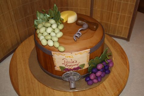 I can do this with all red grapes to highlight red wine themed cake. Covered in fondant, would be $60. Wine Theme Cakes, Birthday Cake Wine, Wine Bottle Cake, Barrel Cake, Wine Cake, Bottle Cake, Themed Birthday Cakes, Wine Theme, Cakes For Men