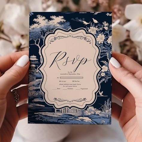 Elegant Blue Toile De Jouy  Wedding RSVP Card Blue Toile, Rsvp Wedding Cards, Wedding Rsvp, French Art, Floral Illustrations, Wedding Classic, Rsvp Card, Elegant Design, Special Day