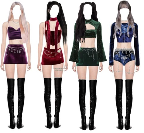 4 Member Stage Outfits, Kpop Stage Outfits Polyvore, Fake Kpop Group, Velvet Outfit, Dance Style Outfits, Heart Belt, Kpop Concert Outfit, Belt Chain, Cosplay Kawaii