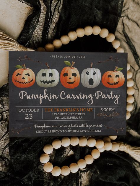 Pumpkin Carving Party Invitation Template, Halloween Party Invite, Halloween Birthday, Printable, Pumpkins, Kids Birthday Party, Download by CreativeUnionDesign on Etsy Spooky One Birthday Party, Printable Pumpkins, Fun Pumpkin Carving, 1 Birthday Cake, Spooky One Birthday, Pumpkin Carving Party Invitations, Kids Costume Ideas, Halloween Party Invite, Birthday Party Theme Ideas