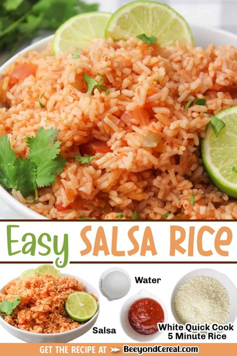 This easy salsa rice recipe is a fast and cheap favorite around here. I make it at least once a month and you'll soon see why. In just 5 minutes or so you can have a pot full of fluffy flavored rice, perfect for a side with any Mexican-inspired meal. Make Spanish Rice From White Rice, Salsa Rice Easy, Instant Mexican Rice Recipe, Mexican Inspired Party Food, Mexican Rice Recipe With Minute Rice, Easy Spanish Rice With Salsa, Mexican Rice Instant Rice, Mexican Minute Rice Recipes, Spanish Minute Rice