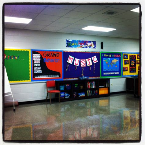 Elementary music room! Elementary Music Classroom Setup, Music Classroom Organization, Music Room Organization, Music Classroom Management, Behavior Board, Elementary Music Room, Music Bulletin Boards, General Music Classroom, Music Classroom Decor