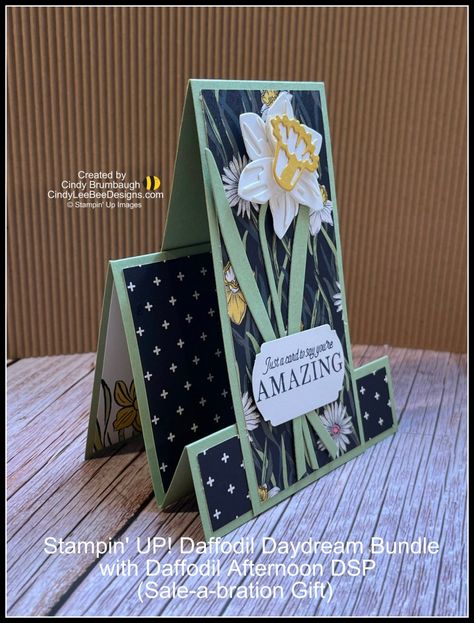 Stampin’ UP! Daffodil Daydreams Bundle Faux Center Step Card Video Tutorial | Cindy Lee Bee Designs Stampin Up Daffodil Delight, June Cards Ideas, Stampinup Funfold Cards, Step Fold Cards, Center Step Card Tutorial, Stampin Up Step Cards, Su Daffodil Daydream Cards, Faux Center Step Card, Stampin Up Faux Step Card