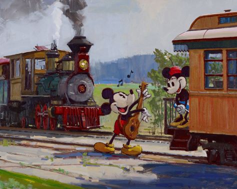 "Minnie Happy Returns" - by David Tutwiler -  Limited Edition Giclée on Canvas 150 piece hand-numbered edition  http://www.acmearchivesdirect.com/product/WDINT503/Minnie-Happy-Returns.html?cid= Train Wallpaper Aesthetic, Minnie Mouse Pics, Wide Art, Disneyland Christmas, Epic Mickey, Disney Paintings, Disney Fine Art, Mickey Mouse Art, Happy Returns