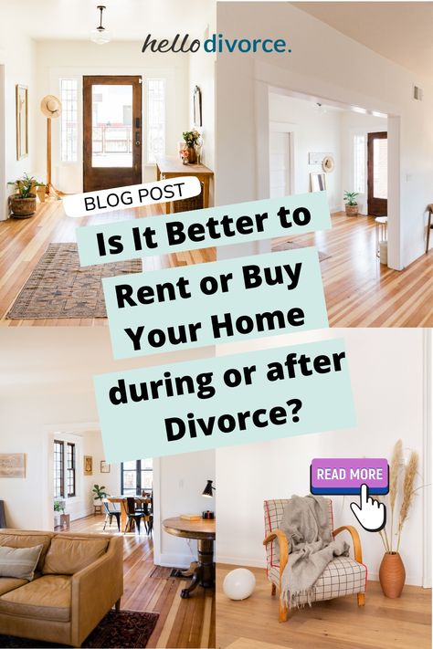 After the divorce, where will you live? This is one of the (many) important decisions you'll need to make in your divorce process. If you plan to move out of the marital home, you could choose to rent or buy a home. In this article, we outline the pros and cons of renting versus buying a home after divorce. https://hellodivorce.com/marital-home/rent-or-buy-your-home-during-and-after-divorce Moving Out After Divorce, Divorce Planning, Refinancing Home, Divorce Finances, Divorce Process, Exit Strategy, Buy A Home, Buying A Home, Home Buying Process