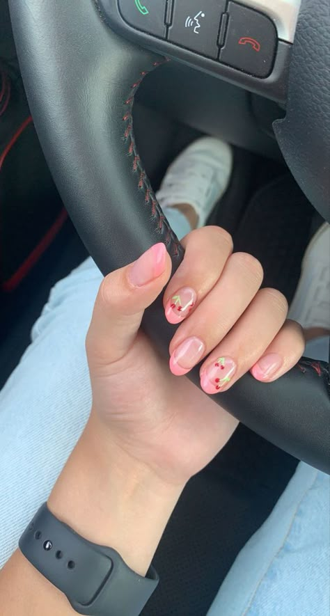 Pink French Tip With Cherries, French Tip With Cherries, Cherry Nails Pink, Pink Cherry Nails, Nail Colors Spring, Nail Ideas Spring, Nail Art Spring, Pink French Tips, Blush Pink Nails