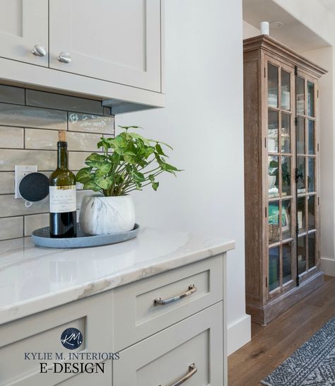 Paint Colours For Kitchen Cabinets, Colours For Kitchen Cabinets, Revere Pewter Kitchen, Benjamin Moore Revere Pewter, Benjamin Moore Kitchen, Kylie M Interiors, Greige Kitchen, Open Kitchen Layouts, Off White Cabinets