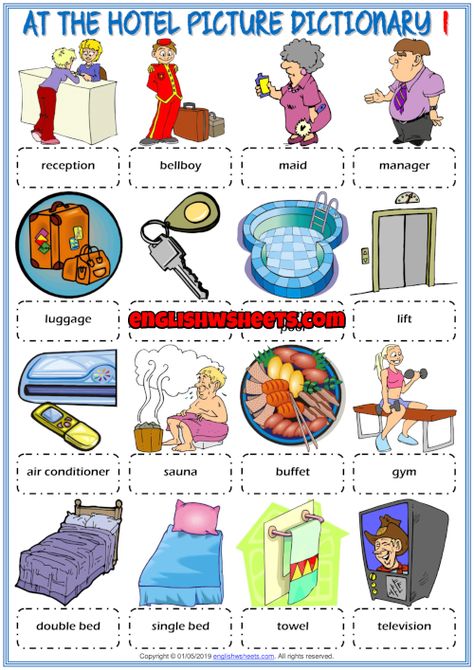 Hotel Vocabulary ESL Picture Dictionary Worksheets For Kids Dictionary Worksheets, English For Tourism, Hello English, Learning People, Seasons Lessons, Printable Worksheets For Kids, Apple Math, Test For Kids, Travel English