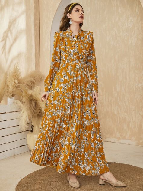 Free Returns ✓ Free Shipping On Orders $49+ ✓. Floral Print Pleated Hem Tie Neck Dress- Women Dresses at SHEIN. Casual Abaya, Women Long Dress, Maxi Outfits, Maxi Dresses Fall, Tie Neck Dress, Beautiful Maxi Dresses, High Waist Dress, Frocks For Girls, Pleated Maxi Dress