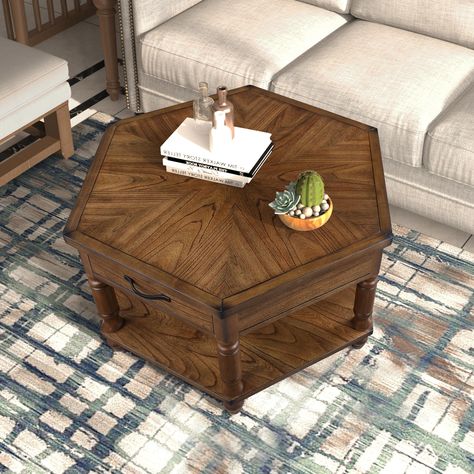 Features Hexagonal Coffee Table with Drawers and Storage Shelf: Combines style with functionality, featuring a drawer for hidden storage of small items like remote controls or coasters, and a lower shelf for books, magazines, or decorative pieces. Hexagon Living Room, Hexagonal Coffee Table, Hexagon Coffee Table, Hexagonal Table, European Decor, Elegant Coffee Table, Room Supplies, Coffee Table With Shelf, Coffee Table With Drawers