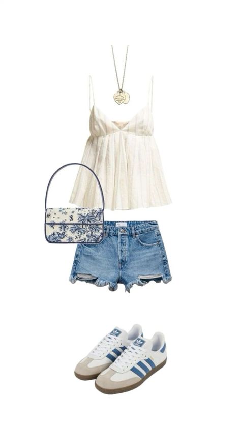 summer outfit inspo | cute fit | european summer | casual | stockholm style outfit | adidas shoes 🌟 Casual Patio Outfit, Blue And White Shorts Outfit, Blue Samba Adidas Outfit, Outfit With Sambas, Summer Outfits Stockholm Style, Somba Outfits, Stockholm Summer Outfit, Stockholm Summer Style, White Samba Outfit