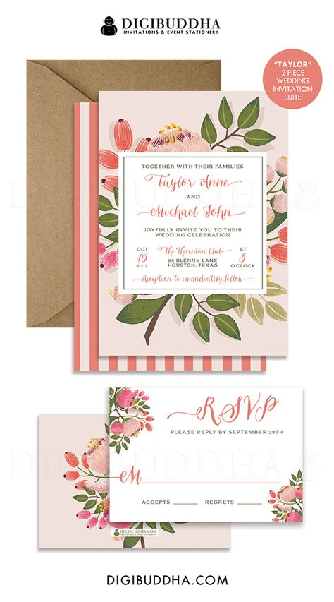 Whimsical blush pink bloom & green foliage flowers 2 piece wedding invitation & RSVP card suite in coral and blush pinks with a beautiful calligraphy script and striped backer. Boho chic invitations either printed on 3 thick, quality papers or available as printable wedding invitations. Only at digibuddha.com Bridal Shower Garden Party, Bridal Shower Garden, Unique Bridal Shower Invites, Garden Party Bridal Shower, Shower Garden, Pink Bridal Shower Invitations, Bridal Shower Invites, Invites Wedding, Bridal Shower Planning