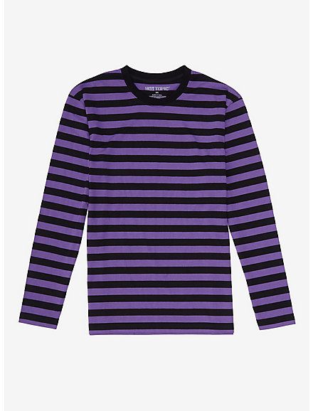 Purple & Black Stripe Long-Sleeve T-Shirt, STRIPE - PURPLE Black Striped Shirt, All Black Dresses, T Shirt Image, Purple Shirt, Striped Long Sleeve Shirt, Simple Shirts, Purple Black, Striped Long Sleeve, Hot Topic