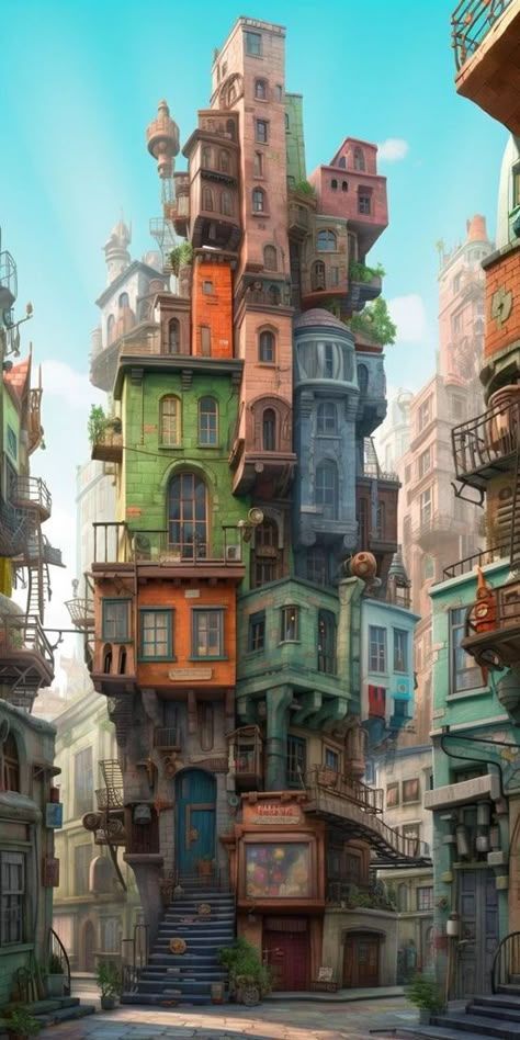 Colorful Houses, Seni Dan Kraf, Interesting Buildings, 수채화 그림, Building Art, Fantasy House, Fantasy City, Fantasy Places, Fantasy Art Landscapes