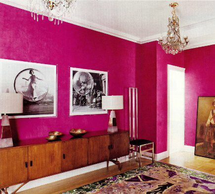 Fuchsia as an accent color is turning up in a variety of spaces from hallways to bedrooms -- and see how great it looks paired with green! Hot Pink Throw Pillows, Pink Painted Walls, Burgundy Living Room, Hot Pink Walls, Hallway To Bedrooms, Trendy Kitchen Colors, Bedroom Color Combination, Bedroom Pink, Pink Wall Decor