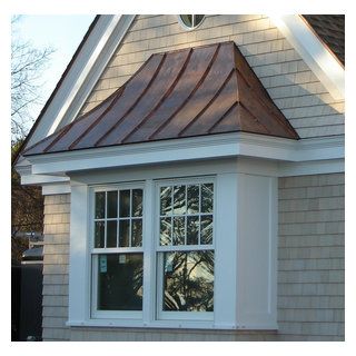 Roof Over Window, Bay Window Exterior Ideas, Copper Metal Roof, Bay Window Exterior, Copper Awning, House Awnings, Colonial Cottage, Zinc Roof, Standing Seam Roof