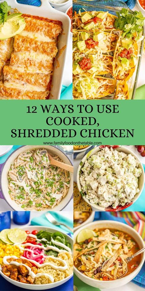 These 12 ways to use cooked, shredded chicken will give you new, fun, delicious ideas of ways to use leftover cooked chicken. List of ideas and specific recipes included. Leftover Chicken Rosterrie Recipes, Recipes Using Shredded Chicken Healthy, Shredded Chicken And Tomato Recipes, What To Cook With Shredded Chicken, Quick Dinner With Shredded Chicken, Meals With Pulled Chicken, Recipes Using Pulled Rotisserie Chicken, Costco Pulled Chicken Recipes, Recipes Using Cooked Shredded Chicken