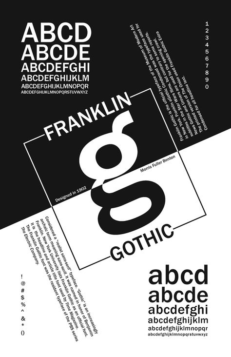 Typeface Franklin Gothic was designed by Morris Fuller Benton. I love how this poster is split in half, and everything is tilted to a diagonal. It reminds me of Cruella de Vil. Very dramatic and makes me want to look at it more. Palatino Font, Typeface Poster, Typographic Poster Design, Typo Poster, Type Specimen, Graphisches Design, Poster Fonts, 타이포그래피 포스터 디자인, Plakat Design