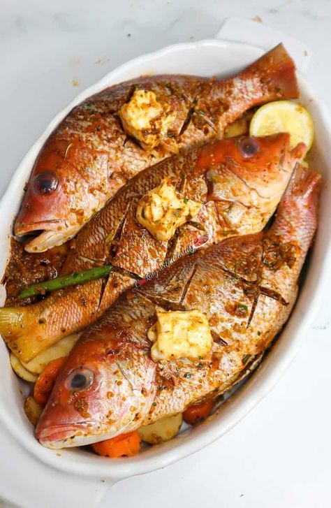 Tasty Baked Red Snapper - Cooking With Claudy Oven Baked Red Snapper, Red Snapper Recipes Baked, Whole Red Snapper Recipes, Snapper Recipes Baked, Baked Red Snapper, Red Snapper Recipe, Red Snapper Recipes, Whole Fish Recipes, Korean Cucumber