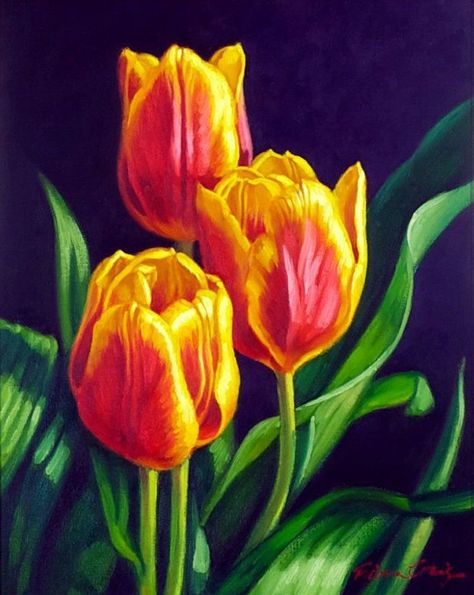 Fiona Craig | OIL | Study of Tulips Banana Painting, Rose Flower Arrangements, Tulip Painting, Tulips Art, Watercolor Tulips, Acrylic Painting For Beginners, Yellow Tulips, Spring Painting, Simple Acrylic Paintings