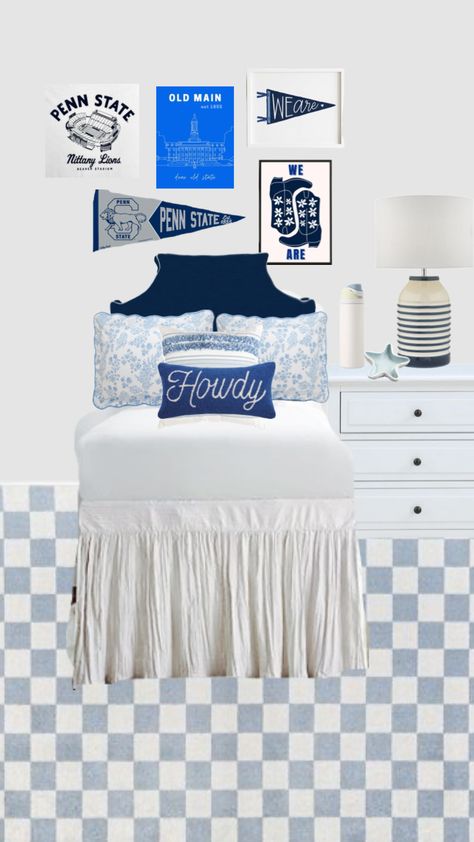 Penn state dorm #pennstate #dorminspo #blue #homedecor #college Penn State Dorm, Dorm Room Ideas, Dorm Room Inspiration, Room Design Bedroom, Dorm Decor, Penn State, College Dorm, Dorm Decorations, Room Inspo