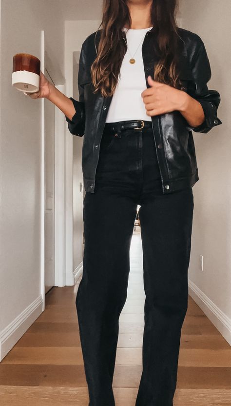 Leather Jacket Styling Women, Modern Millenial Fashion, Black Faux Leather Shacket Outfit, Black Leather Shirt Outfit Women, Curvy Shacket Outfit, Black Jean Business Casual Outfit, Black Denim Outfits Women, How To Wear A Leather Jacket, Black Shacket Outfit Women